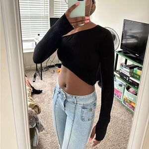 Black Sheer Rib Off Shoulder Asymmetrical Crop Top